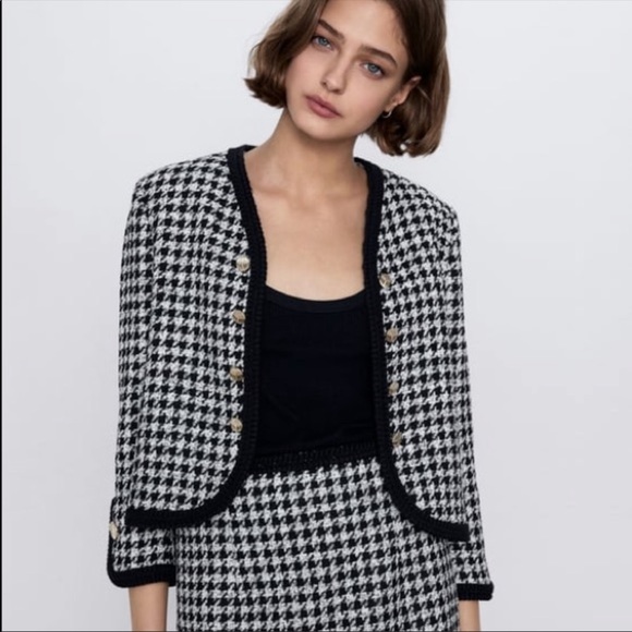 Zara Houndstooth Tweed Jacket Blazer 